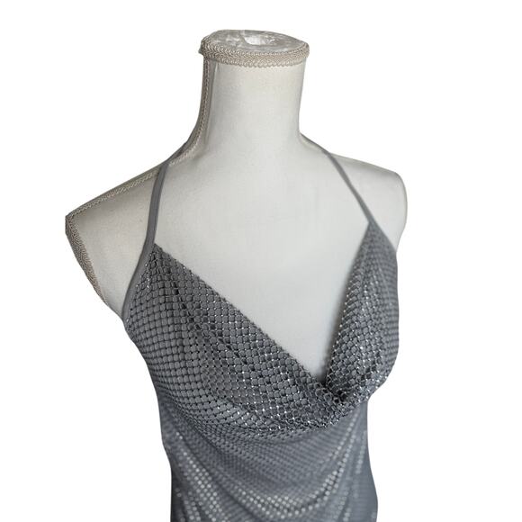 WeWoreWhat Crystal Cowl Neck Top XS Silver Mesh Sleeveless Party Rhinestones - Picture 3 of 8